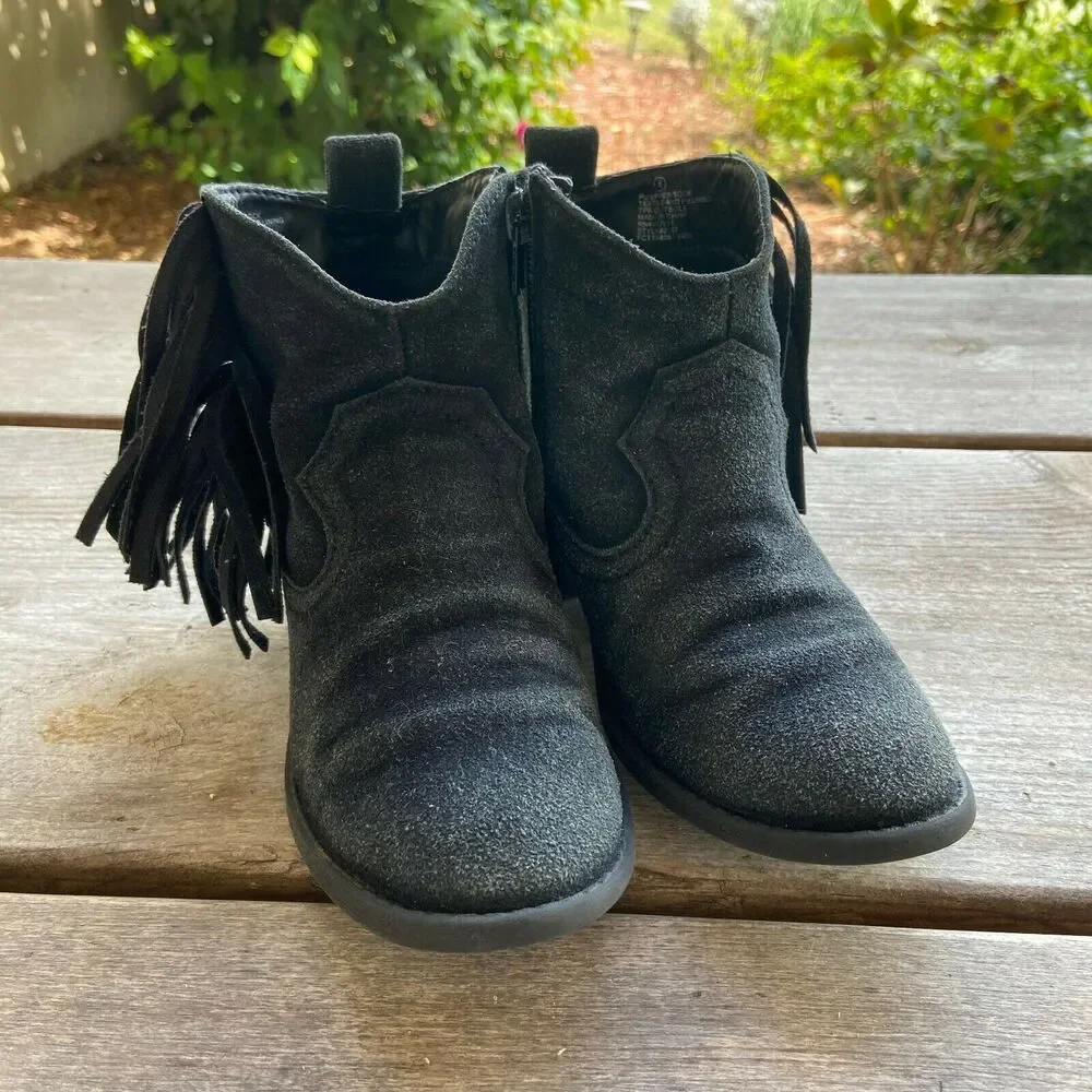 Justice Girls Boots Size‎ 4 Booties Black Faux Suede Ankle Fringe Western
